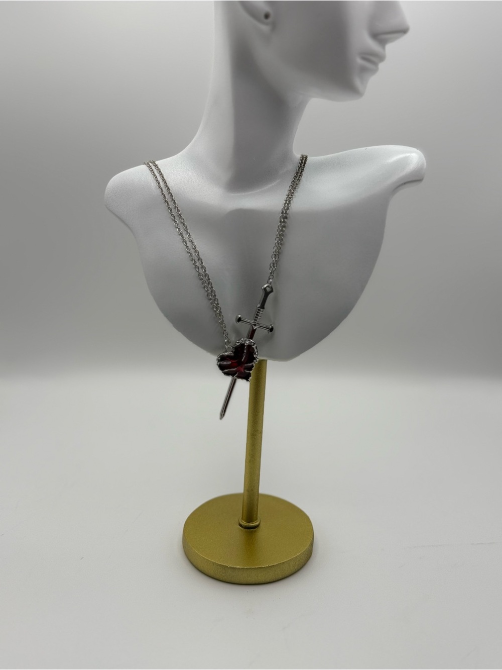 Gothic Sword Red Heart Layered Necklace Silver Tone Chain couple necklace